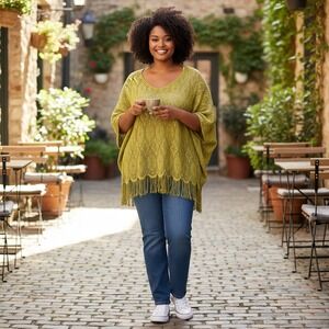 August Max Woman Tunic‎ 2X Gold Excellent Metallic Fringed Crochet Knit Top